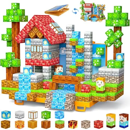 Wxlbr 84 piece magnetic building block set with large 1-inch forest and castle themed cubes.