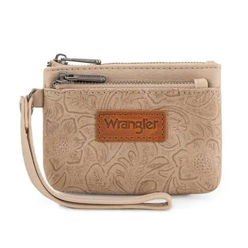 Montana West Wrangler Coin Purse in Embossed Tan with floral embossed pattern