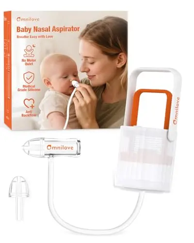 Omnilove manual pump nasal aspirator for newborns in white with silicone tips