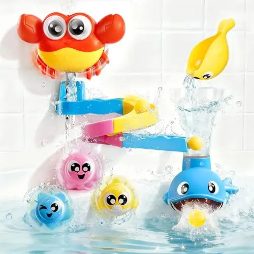 lalalark 7-in-1 bath toy set featuring a crab, whale, spinning fish, and a water slide track.