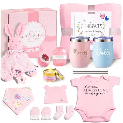 Luxury New Mom Care Package with insulated wine glasses, scented candle, handmade diamond soap, bath bomb, cotton rabbit, and baby clothes in a pink theme.