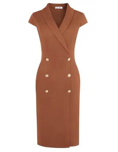 Grace Karin brown bodycon pencil dress with cap sleeves and button details