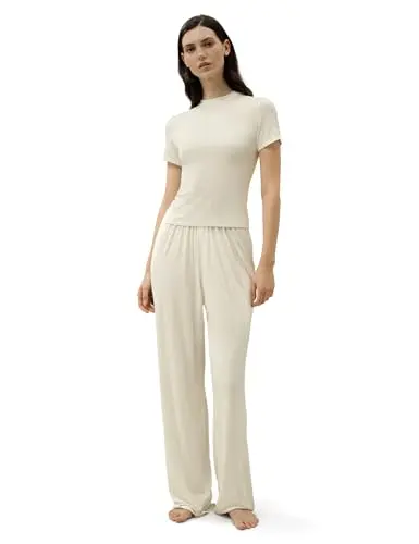 LilySilk women's slim fit silk jersey pajama set with T-shirt and pants