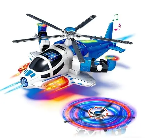 Blue automatic helicopter toy with unfolding wings and colorful LED lights