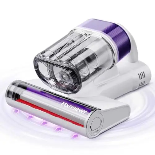 Mxnsewr white handheld bed and sofa vacuum with UV light and display screen.
