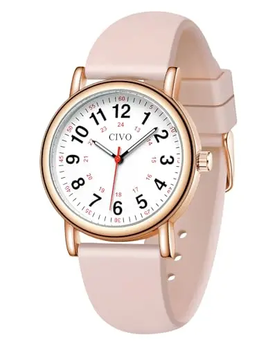 CIVO analog nurse watch for ladies with pink silicone band and easy-read dial