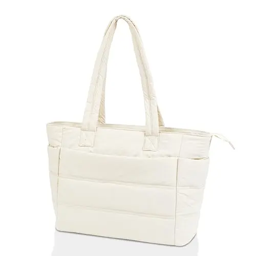 Puffy tote bag for women in beige made from GRS-certified nylon with zip closure