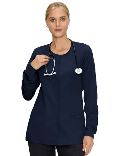 COZYFIT women's snap-front nurse jacket with three pockets and ribbed cuffs.