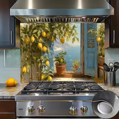 Mediterranean lemon tree and ocean balcony view peel and stick wallpaper for kitchen