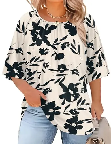 LOMON Plus Size Tunic Top in Apricot Black Floral print