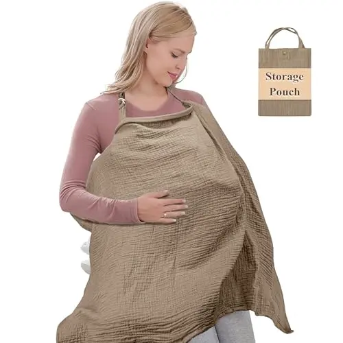 Infancie organic muslin nursing cover in Beige with inner pockets
