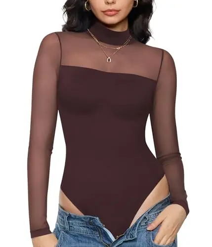 Nebility Mesh Bodysuit showing sheer mesh sleeves and turtleneck design