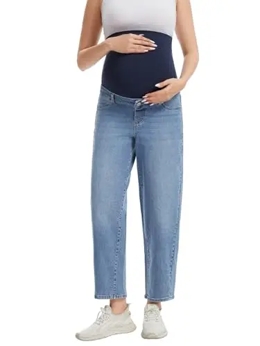 OVRUNS Maternity Barrel Leg Jeans showing the relaxed thigh and tapered ankle design with a classic button waist.