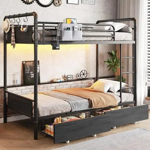 Jocoevol black metal and wood bunk bed with LED lights, two drawers, and a charging station.