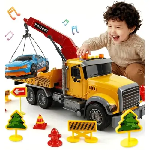 Large yellow tow truck toy with a rotating boom and a red sports car