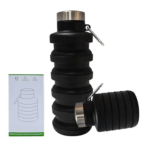 Black silicone collapsible water bottle with a metal carabiner buckle