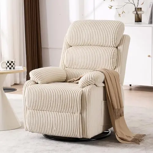 Seanrum beige velvet swivel rocking recliner chair with side pocket for nursery