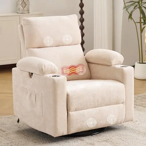 Rhevoy beige oversized power recliner rocking chair with massage and heat functions