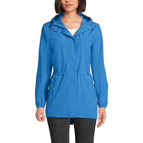 LANDS' END Women's Packable Waterproof Raincoat in Muted Cobalt Blue, showing a stylish, fitted hooded jacket.