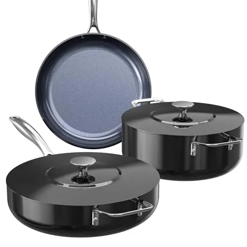 Nuwave Essential 5pc cookware set in black coffee with fry pan, everyday pan, and stockpot