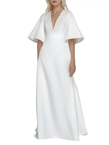 UOOZEE women's deep V neck maxi dress in white