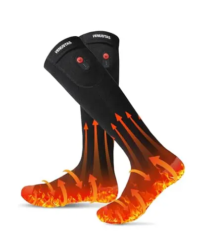 Venustas Heated Socks showing rechargeable batteries and snug fit