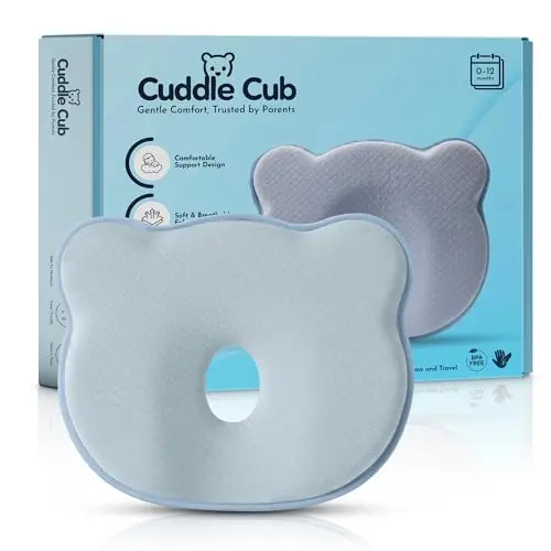 Cuddle Cub memory foam baby pillow with bear shape and cotton cover