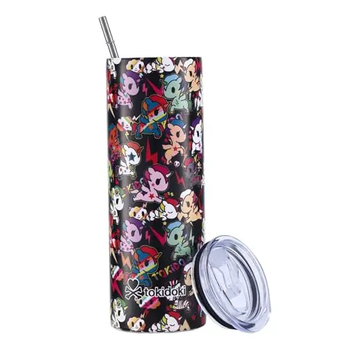 tokidoki 20 oz Skinny Tumbler in black with character prints, showing slim design and included lid