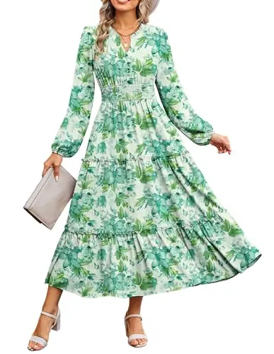 Grace Karin green floral long sleeve maxi dress with tiered ruffles and pockets