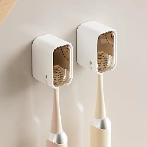 Zayin brown toothbrush holder with cover mounted on a bathroom wall