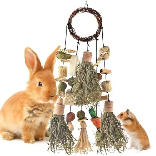 Bissap hanging rabbit chew toy with wood, timothy hay cakes, and natural treats