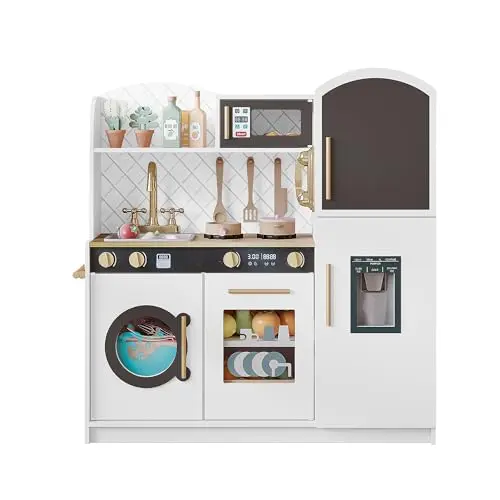 Treocho modern white wooden play kitchen set with chalkboard and accessories