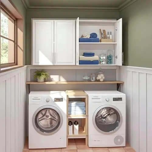 Furnaza white shaker door wall cabinet mounted in a laundry room