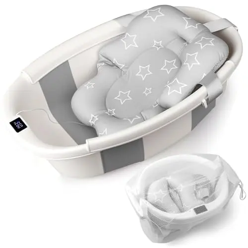 EverKiddo collapsible foldable baby bathtub with digital thermometer display