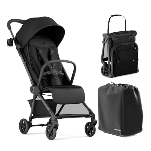 Mompush Nexis Carbon Travel Stroller folded compactly with carbon fiber frame visible