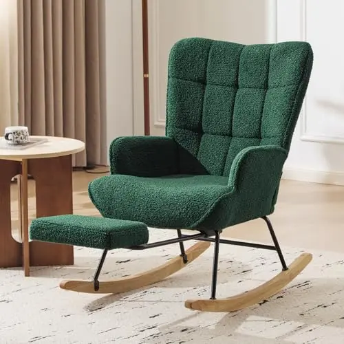 Furniliving green teddy fabric rocking chair with retractable footrest