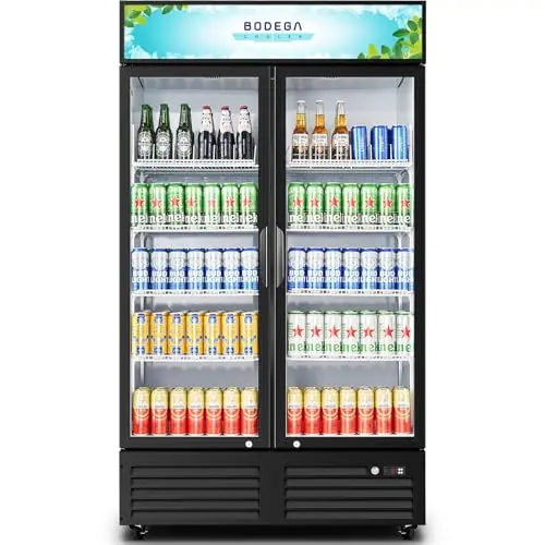 BODEGA large two-door commercial display refrigerator with glass doors and LED lighting.