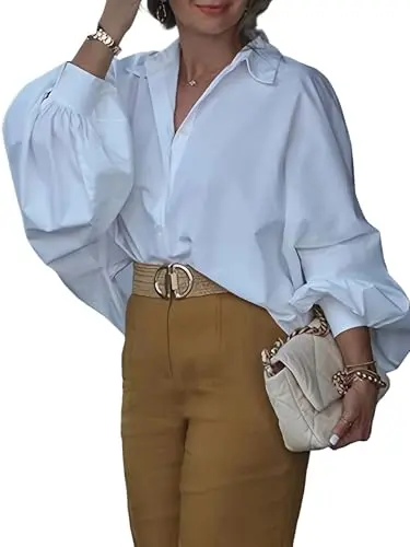 UOOZEE women's long lantern sleeve blouse in white