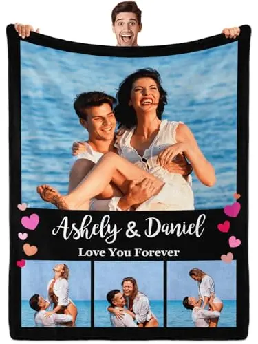 Sparklove Personalized Flannel Blanket with multiple family photos printed on it