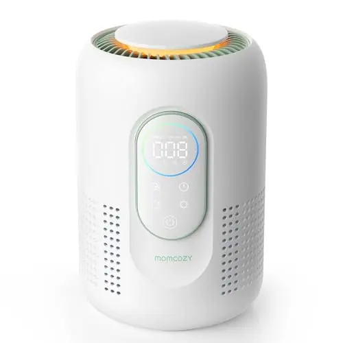 Momcozy white air purifier with a circular display showing air quality reading