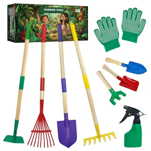 VICHTOP children's gardening tool set with shovel, rake, hoe, and gloves