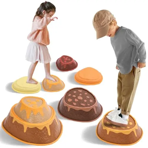Set of six colorful volcano-shaped stepping stones for kids balance game
