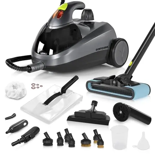 GOATCLEAN gray canister steam cleaner with floor brush attachment