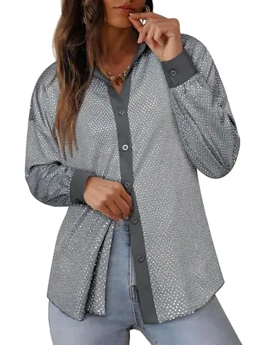 Ezcosplay Button Down Sparkle Top in gray with glitter and rhinestones