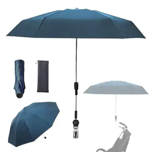 Nakazawa clip-on umbrella in misty blue, angled over a stroller