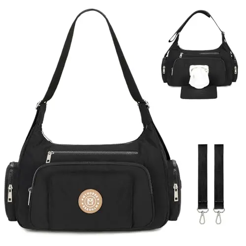 Puffer style nylon crossbody diaper bag in a neutral color, showing front wipes dispenser
