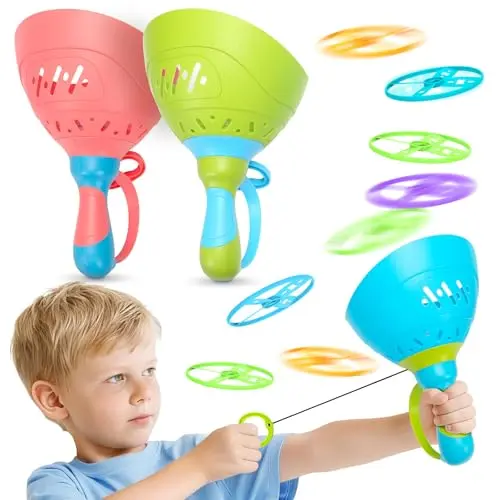 Flying disc launcher toy with three handheld launchers and colorful discs