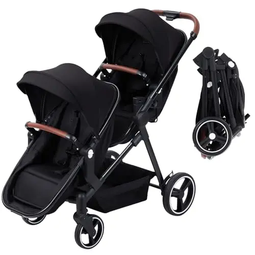 HarmoHaby black tandem double stroller with reversible front seat