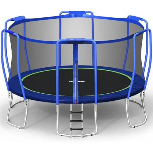 Zupapa blue round trampoline with outward sloping legs and safety net