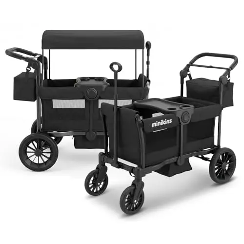 MiniKins black foldable stroller wagon with two seats on grass